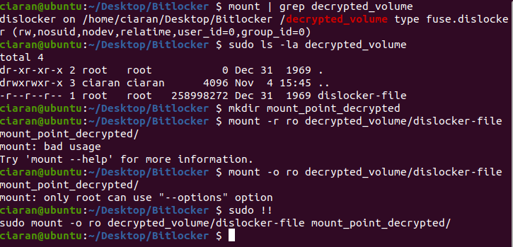 Ubuntu terminal showing a Dislocker volume file, two failed mount syntaxes and the final read-only mount command