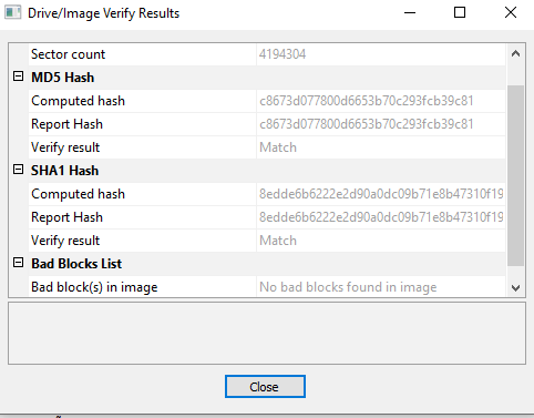 FTK Imager verification window showing matching computed and stored MD5 and SHA-1 values and no bad blocks
