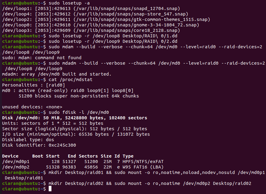 Ubuntu terminal showing two loop devices assembled into an active read-only RAID0 array, its partition table and restricted mount commands