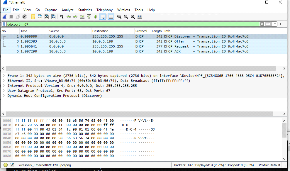 Wireshark capture showing DHCP Discover, Offer, Request and Acknowledge packets between a workstation and the 10.0.5.3 lab server