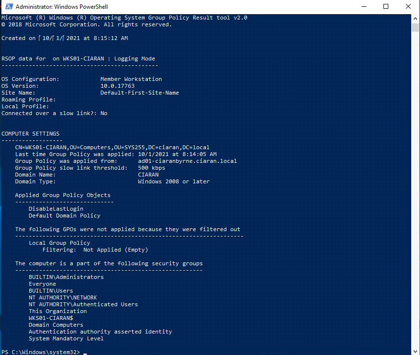 Windows gpresult output for WKS01-CIARAN listing DisableLastLogin and Default Domain Policy under applied Group Policy Objects
