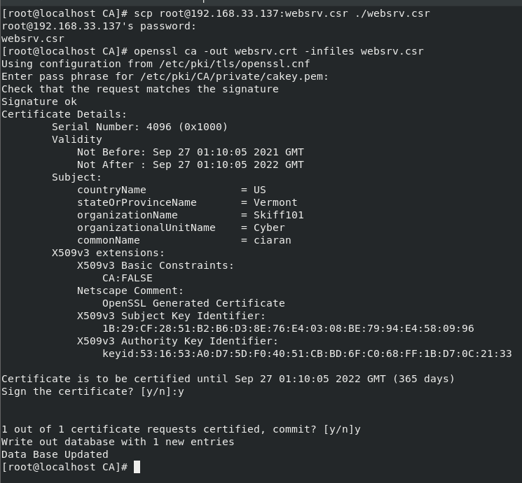 OpenSSL terminal output showing a 2021 lab certificate request signed with serial 4096, one-year validity, CA false basic constraints and database update