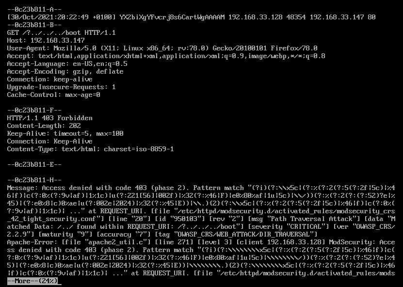 ModSecurity audit log showing a traversal-style request, HTTP 403 response and OWASP CRS rule 950103 path traversal message