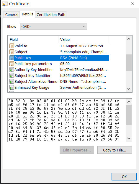 Windows certificate-details view showing the wildcard subject for champlain.edu, an RSA 2048-bit public key, a subject alternative name field and validity ending 13 August 2022