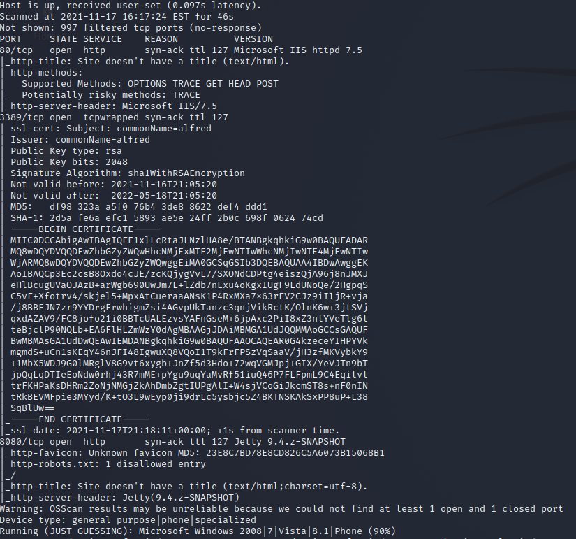 Nmap scan of the Alfred target showing web services and Remote Desktop