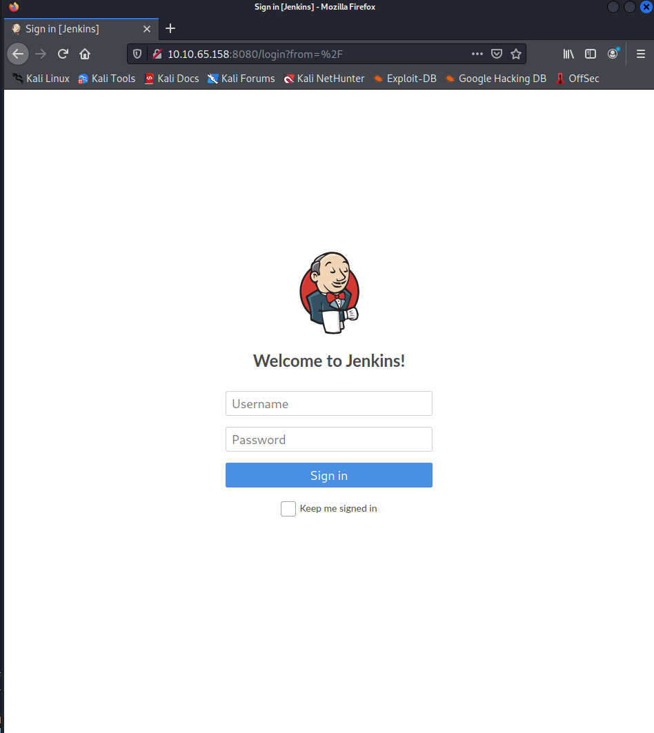 Jenkins login and project interface exposed on TCP port 8080