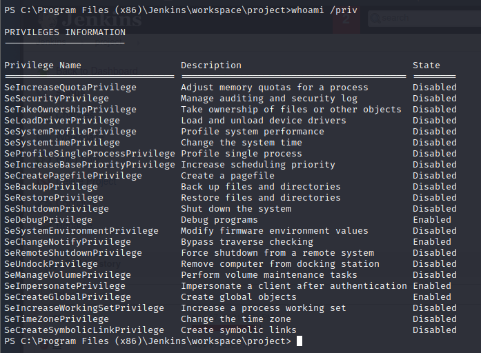 Windows whoami privilege output showing privileges available to the Jenkins service account