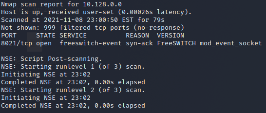 Nmap scan showing the FreeSWITCH Event Socket open on TCP port 8021