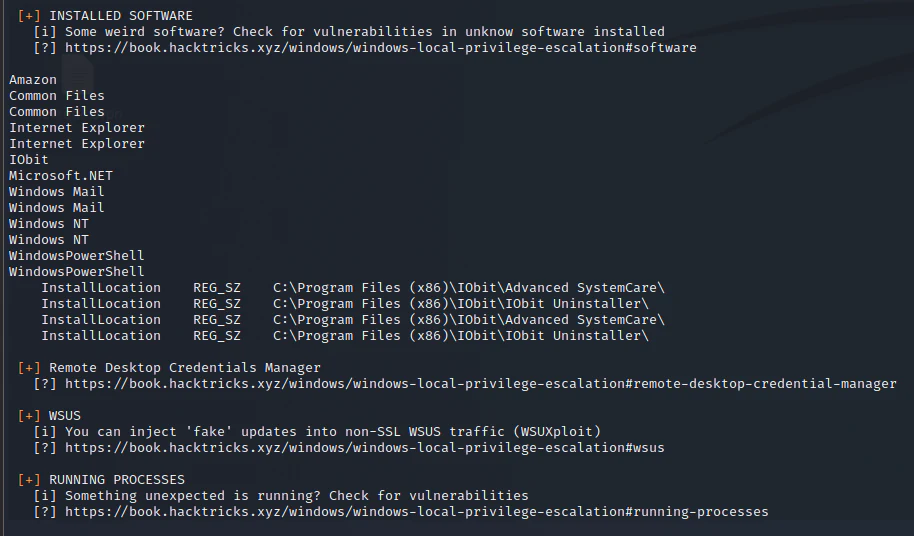 WinPEAS output identifying Advanced SystemCare and the associated service permissions