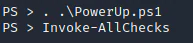 PowerShell command invoking all PowerUp privilege-escalation checks