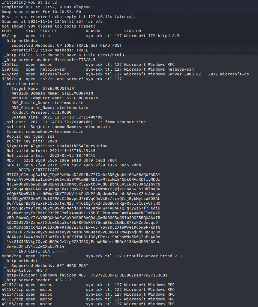 Nmap scan of the Steel Mountain target showing Microsoft IIS and Rejetto HTTP File Server