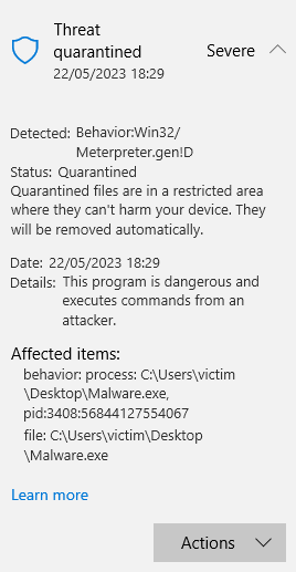 Windows Defender detection during execution of the stageless self-injection sample