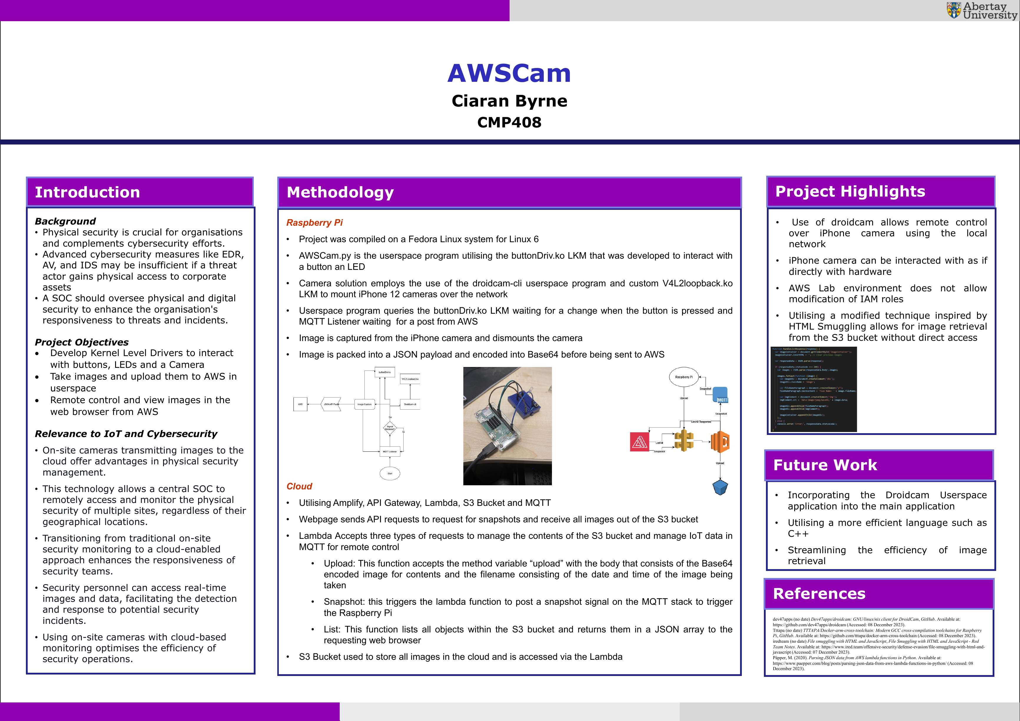 AWSCam project poster showing the Raspberry Pi and AWS workflow