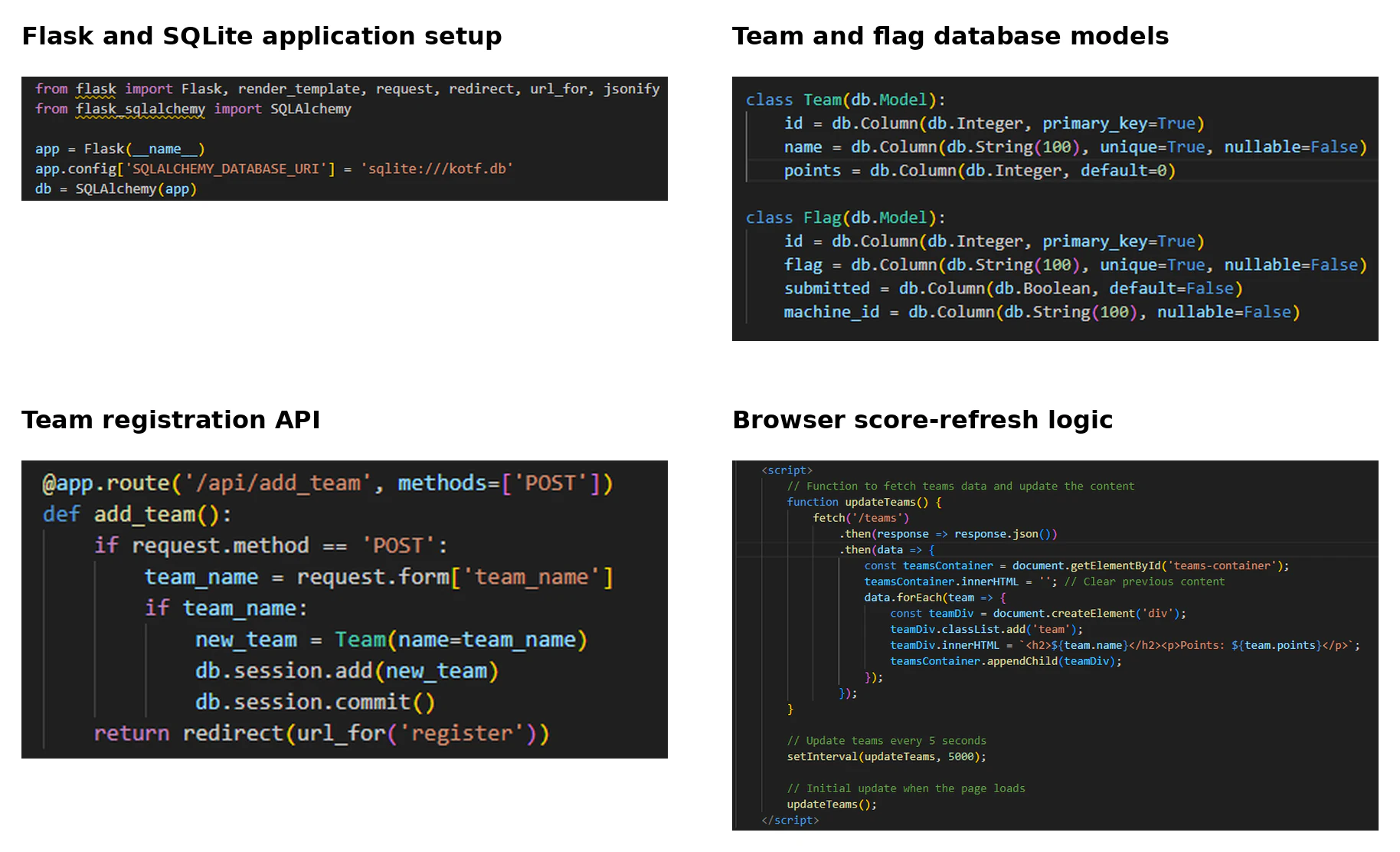 Flask scoring backend, database models, registration endpoint and browser refresh code