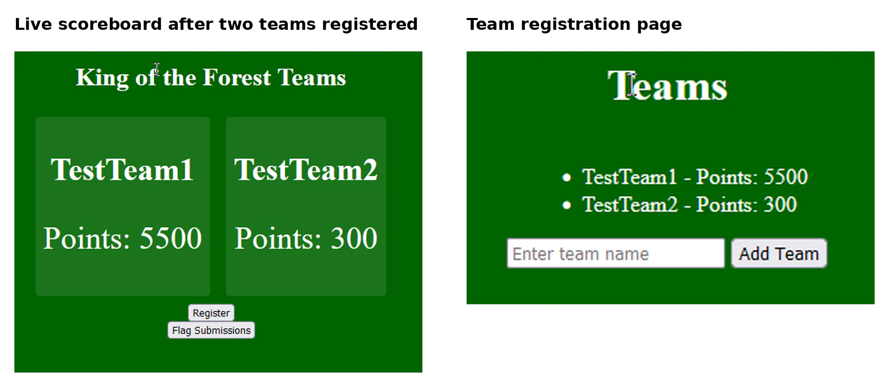 King of the Forest scoreboard and team registration interfaces