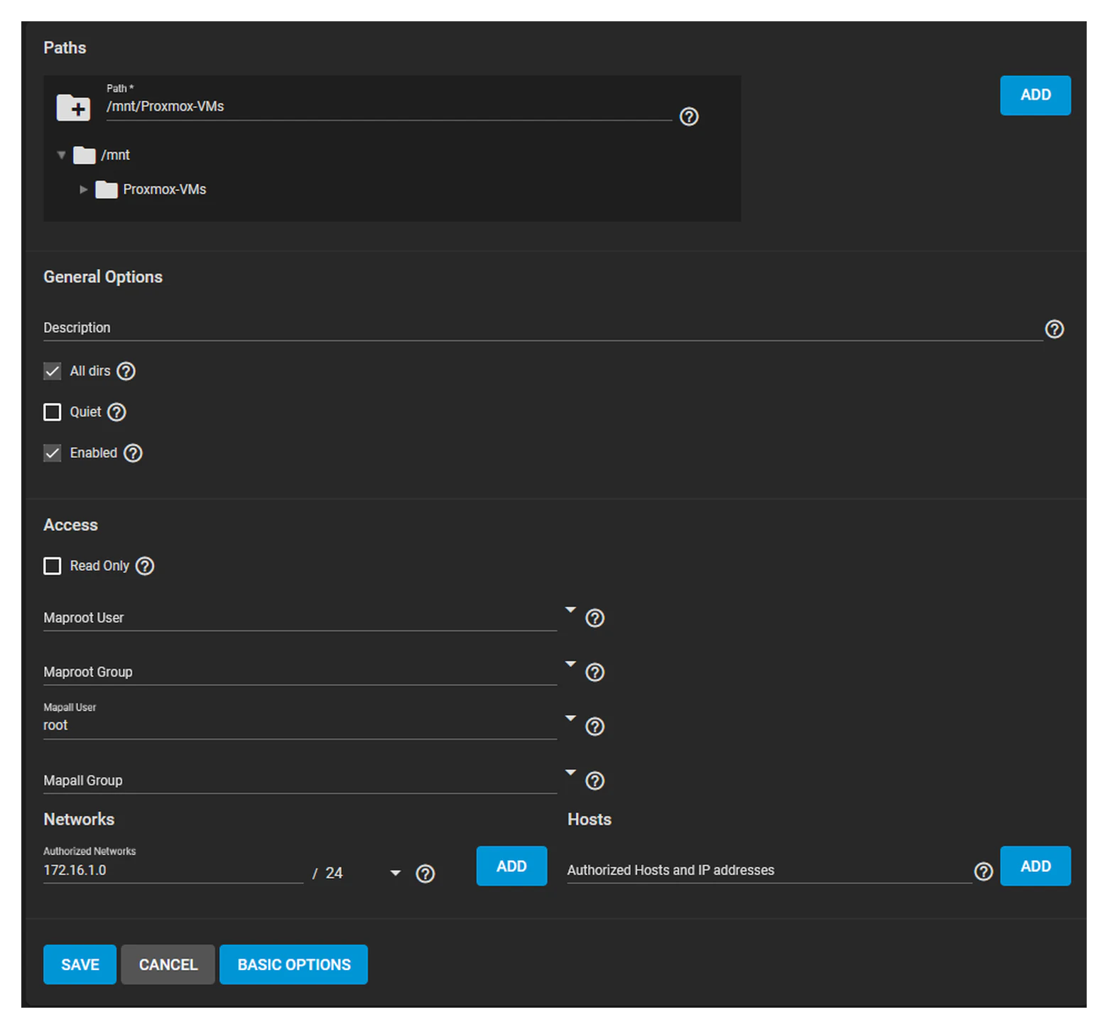 TrueNAS NFS share configuration used by the Proxmox cluster