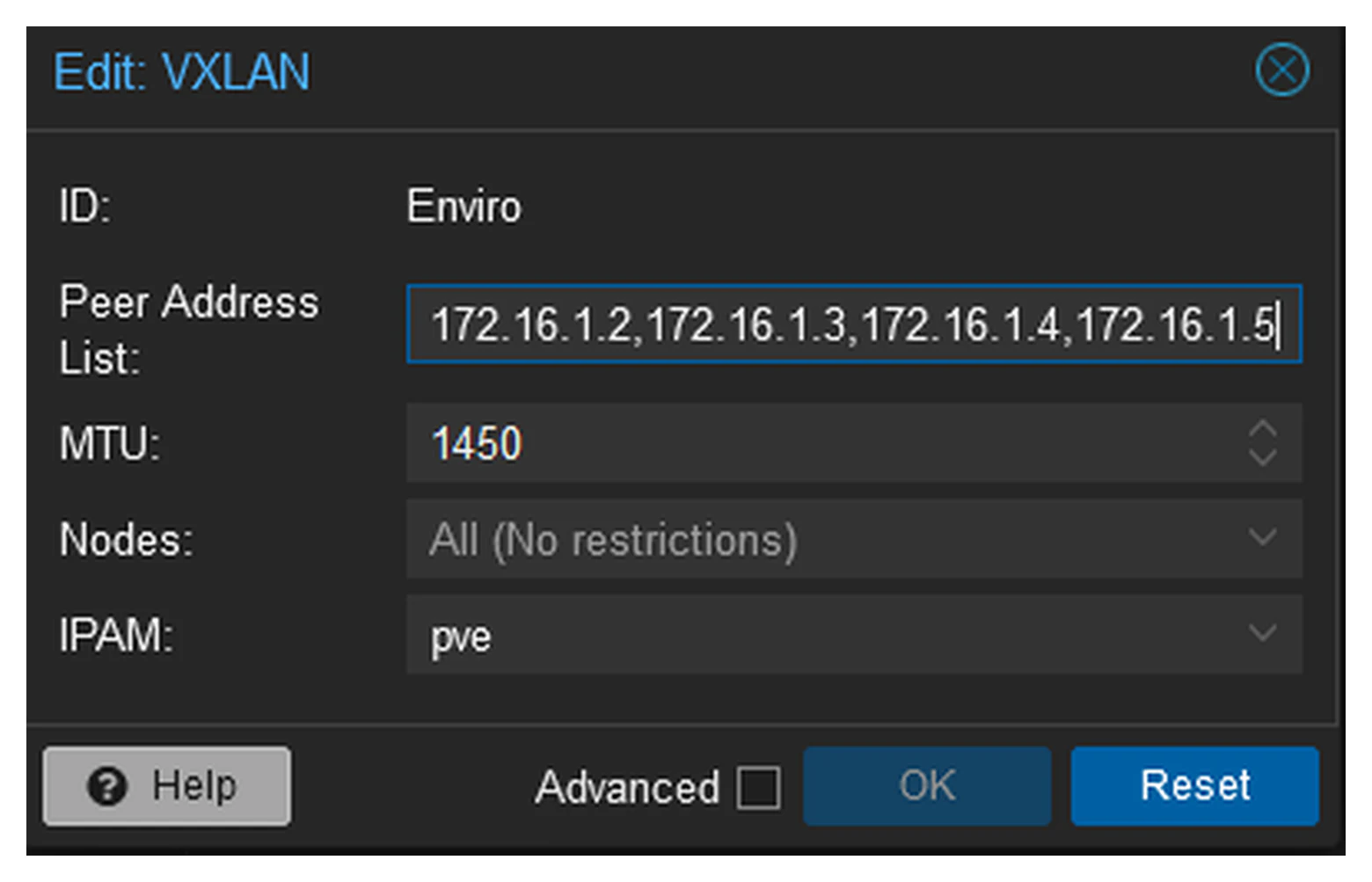 Proxmox VXLAN zone showing peer addresses and reduced MTU