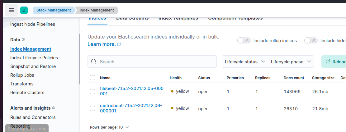 Kibana index management showing populated Filebeat and Metricbeat indices in the historical single-node Elasticsearch lab