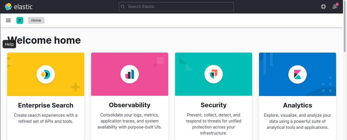Historical Kibana home page reached directly on the Elastic lab host