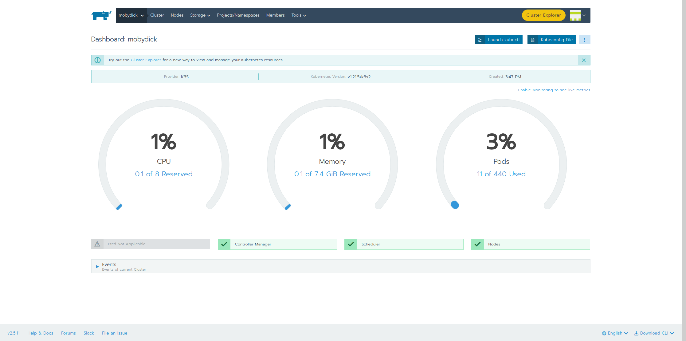 Historical Rancher dashboard for the imported K3s lab cluster, showing the K3s provider and healthy controller-manager, scheduler and node checks