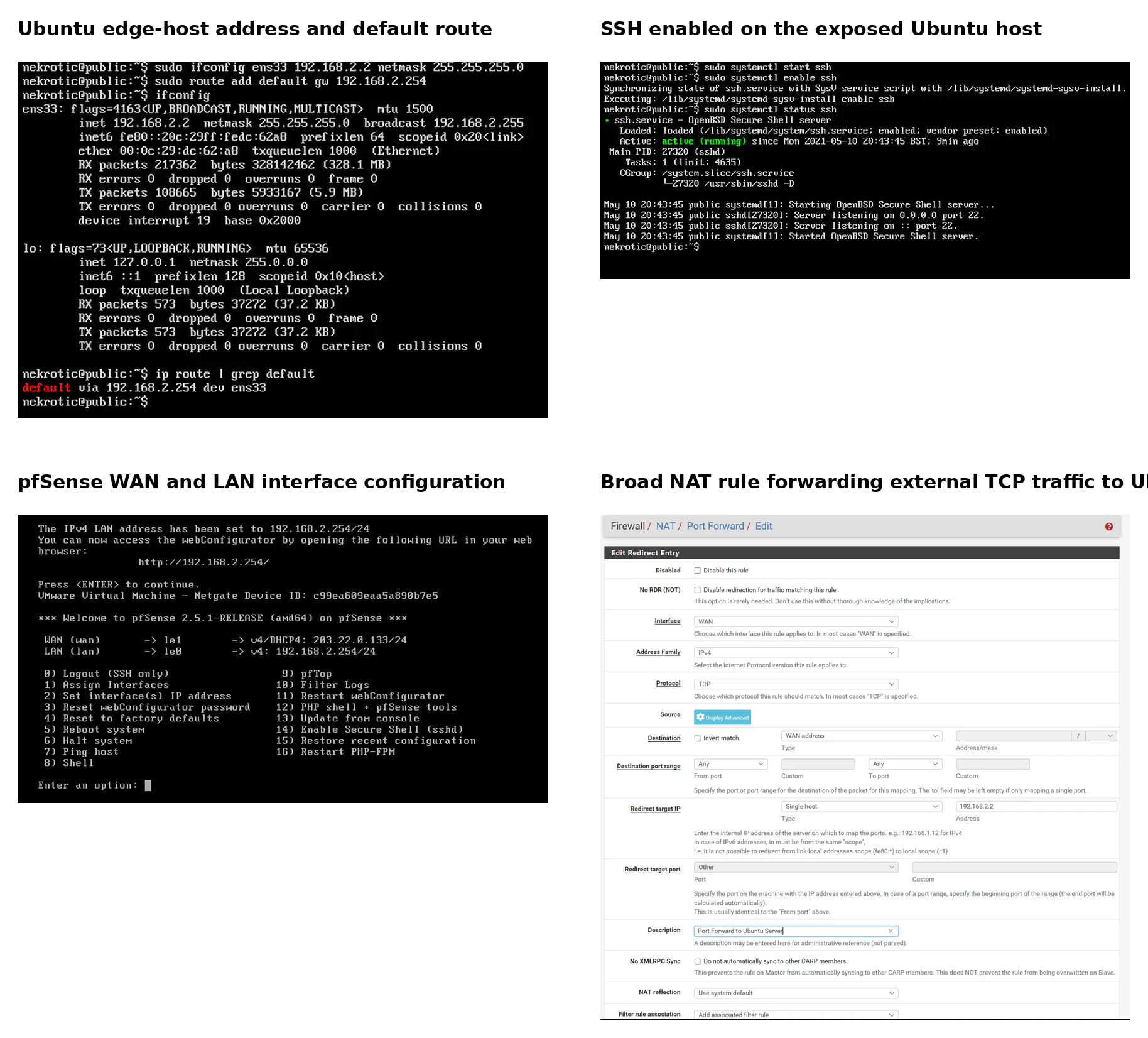 Ubuntu networking, SSH service, pfSense interfaces and broad NAT configuration