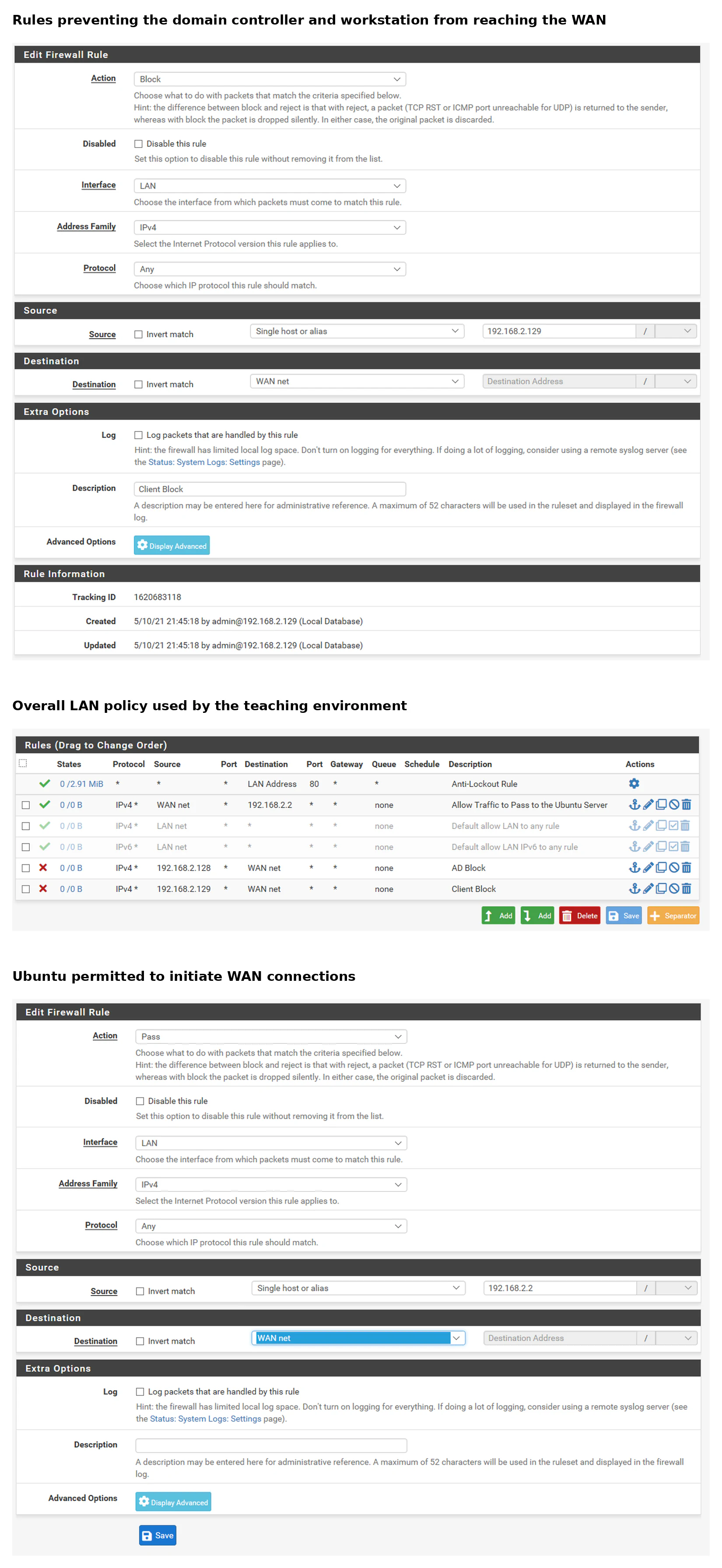 pfSense rules blocking Windows WAN access while allowing Ubuntu internal and outbound communication