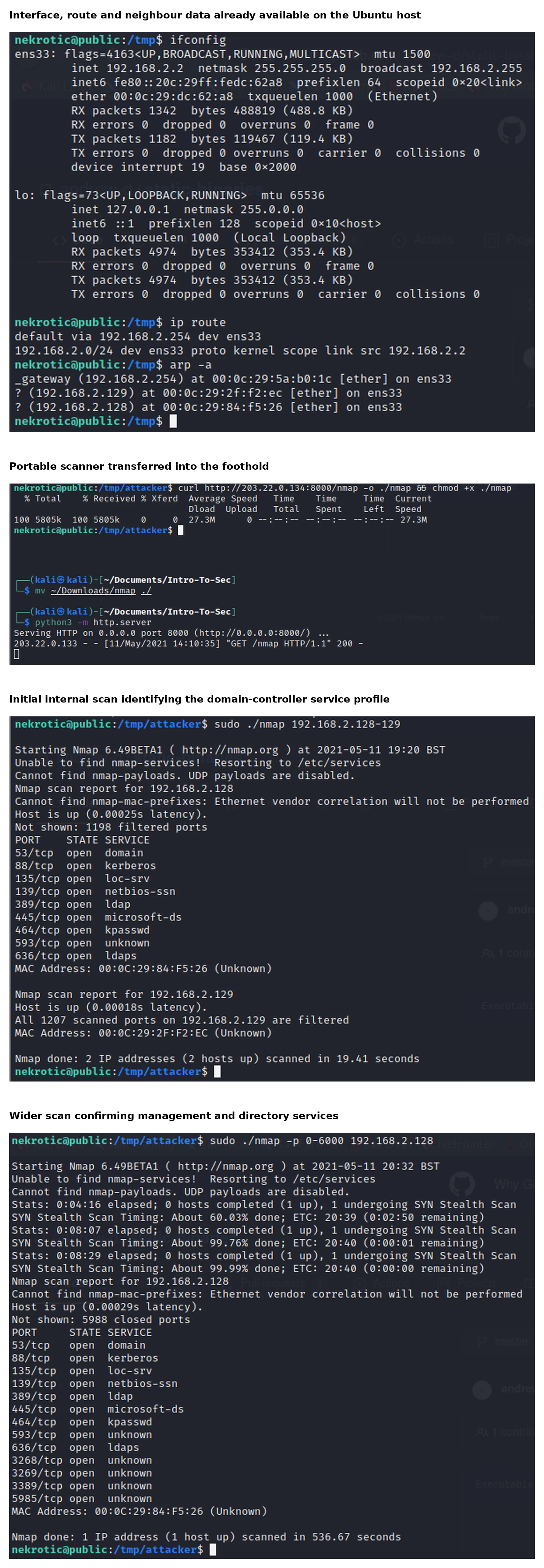 Ubuntu interface, route and neighbour data followed by internal Nmap results