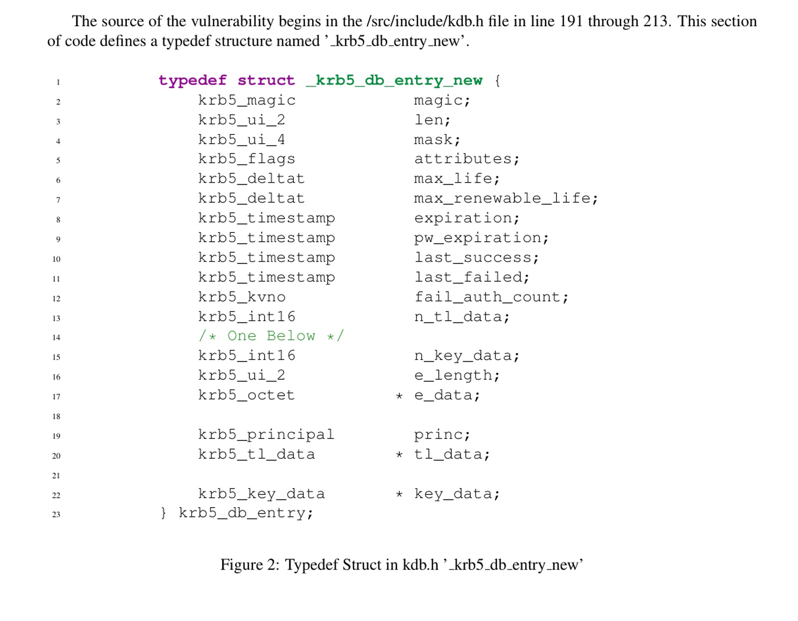 Kerberos krb5_db_entry structure containing the n_key_data field