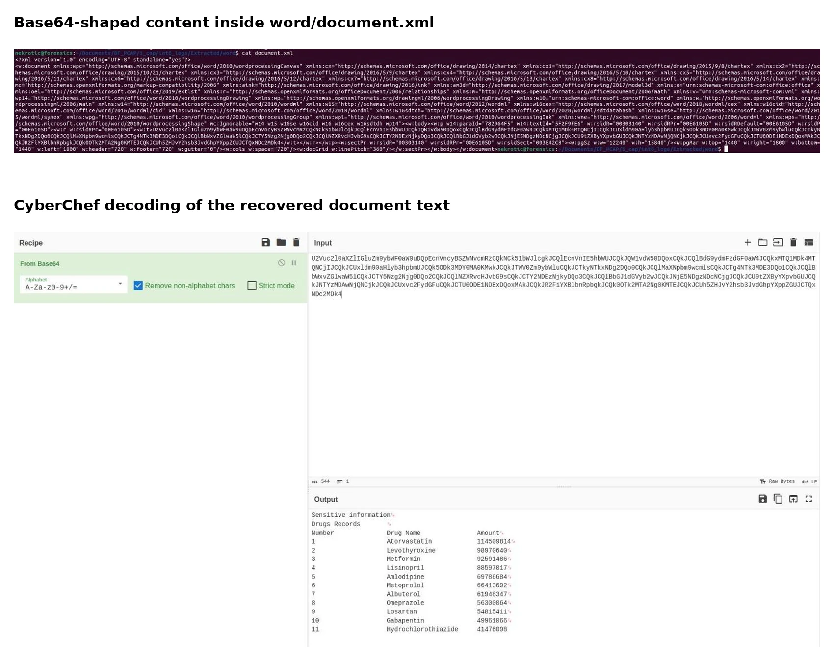 Base64 content inside document.xml and the decoded medicine list