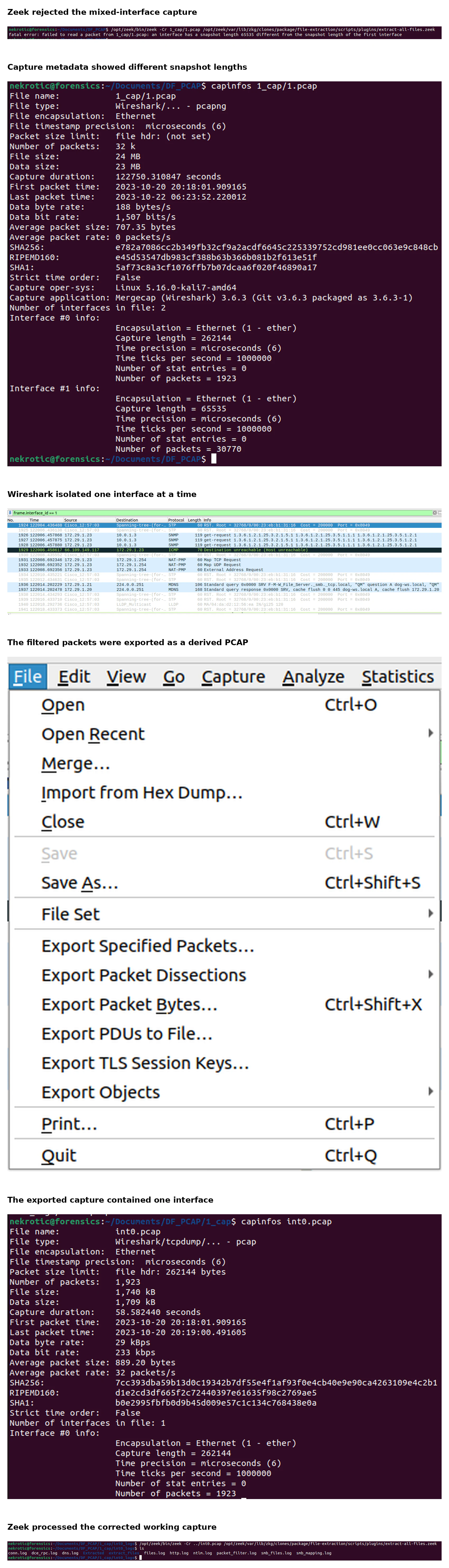 Zeek capture error, capture metadata, interface filtering, packet export, and validation of a single-interface PCAP