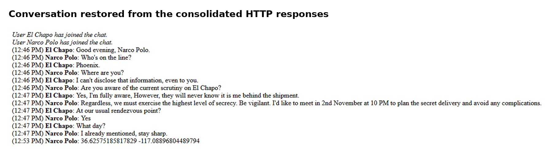 Recovered fictional chat discussing a delivery meeting and containing geographic coordinates