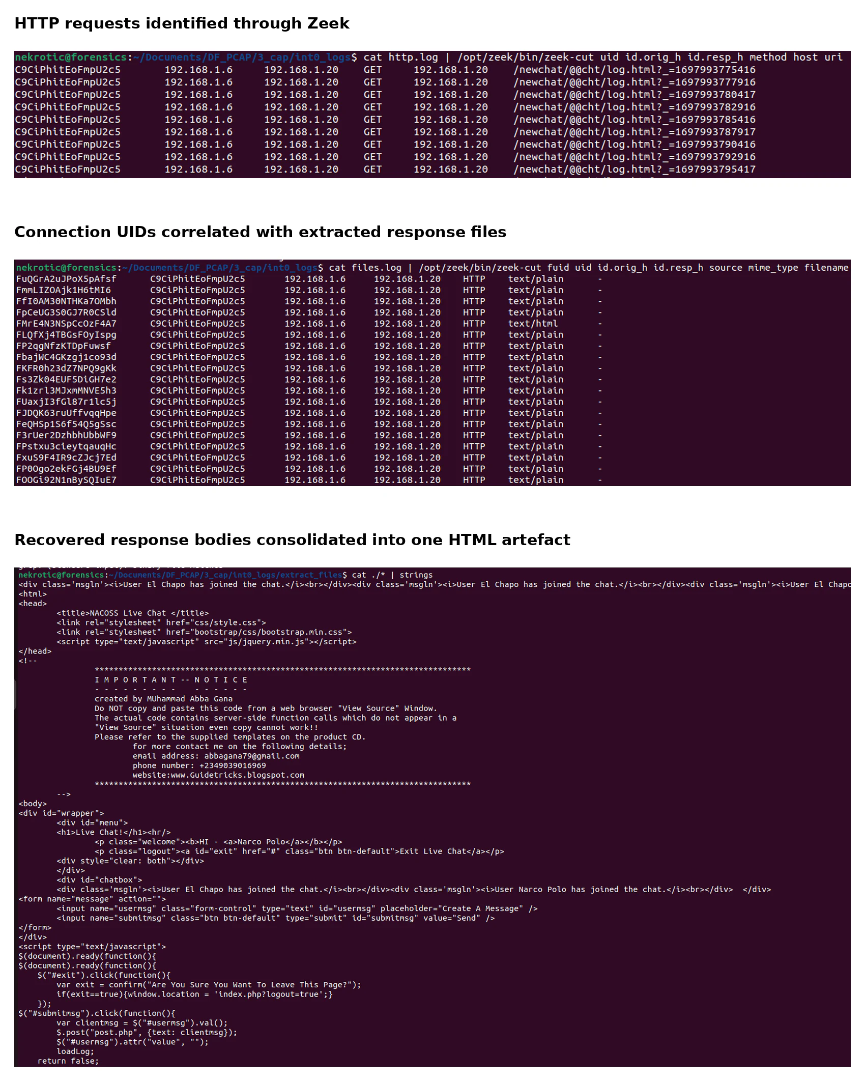 Zeek HTTP records, files.log correlation, and consolidation of recovered HTML responses