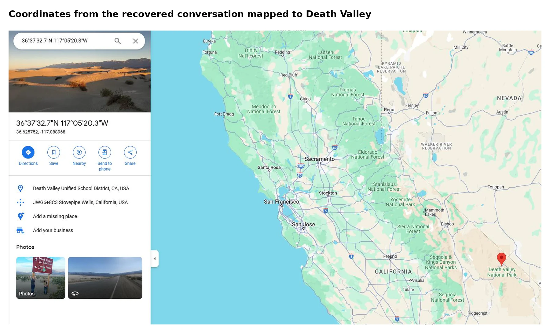 Recovered coordinates plotted on a map at Death Valley in California