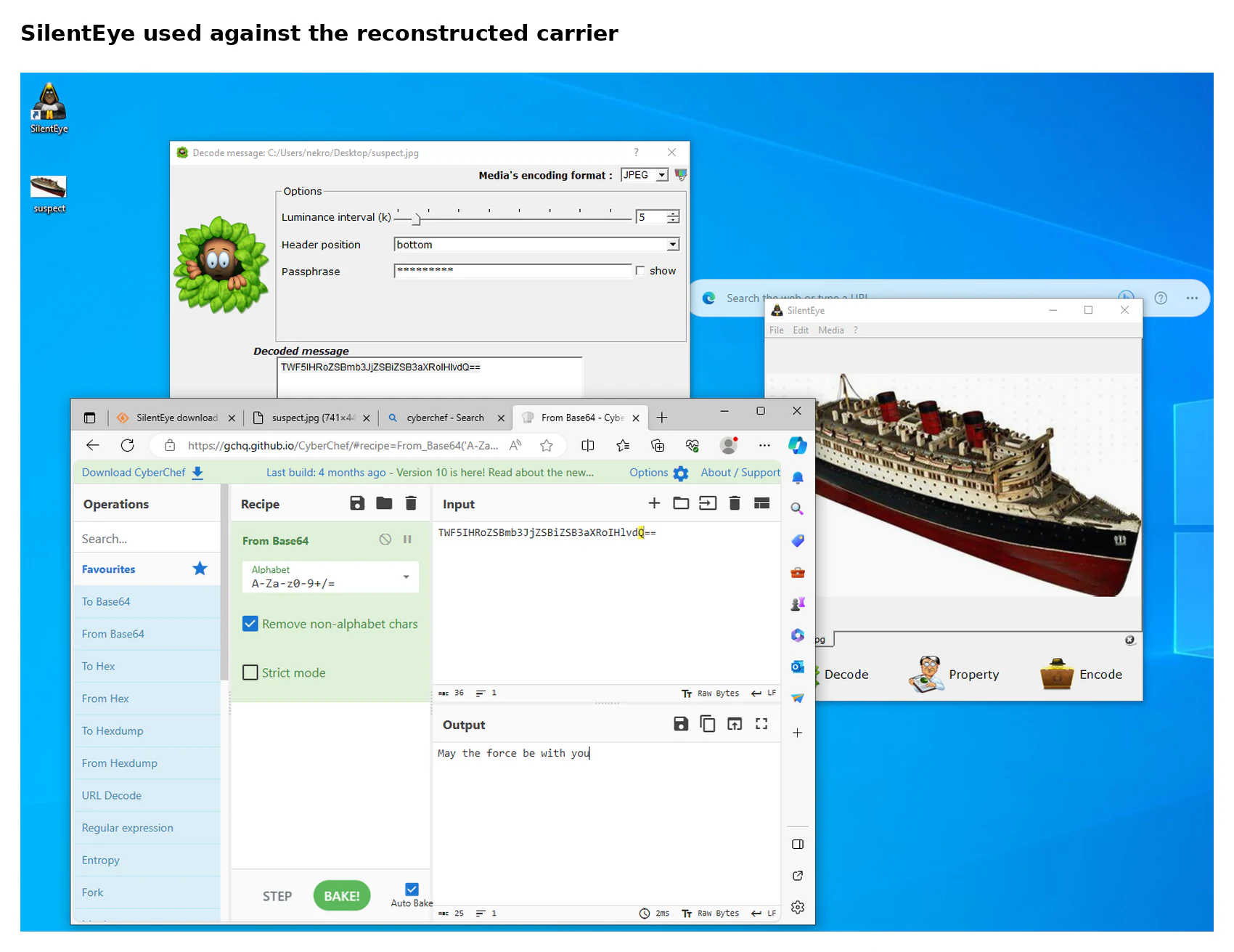 SilentEye running against the reconstructed image in the Windows examination VM