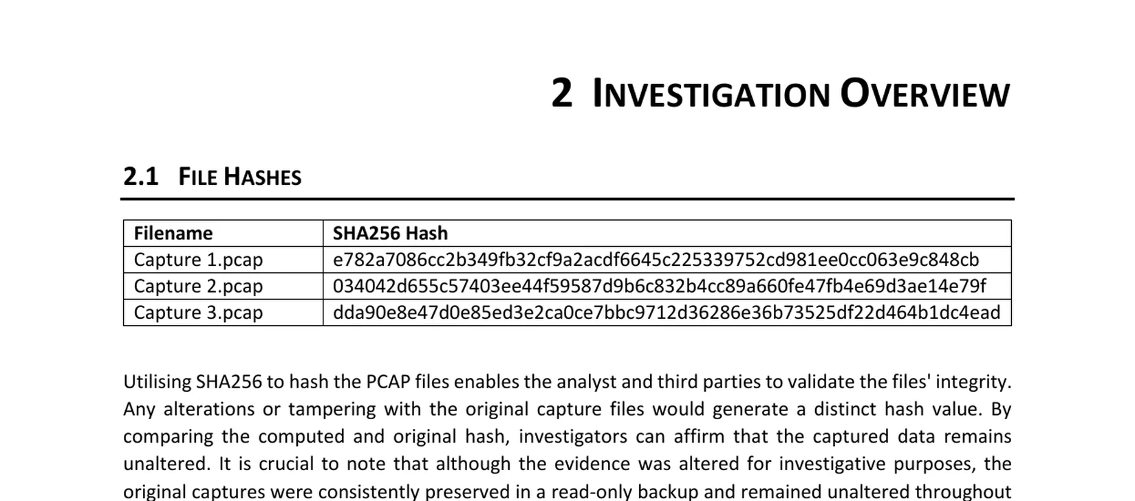 SHA-256 hashes recorded for the three supplied packet captures