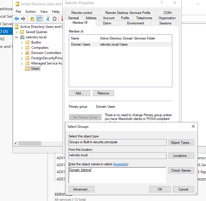Active Directory Users and Computers dialog adding a lab user account to the Domain Admins group