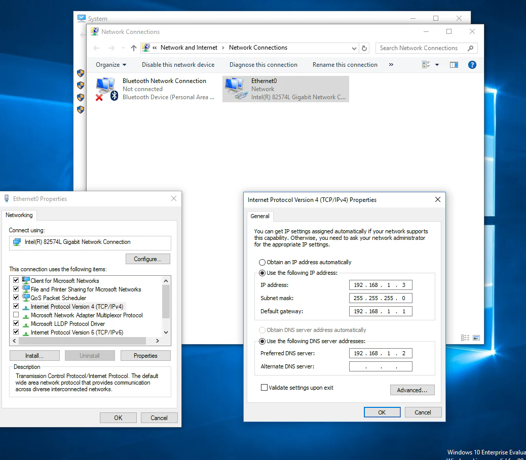 Windows 10 IPv4 settings using 192.168.1.3 with gateway 192.168.1.1 and preferred DNS server 192.168.1.2