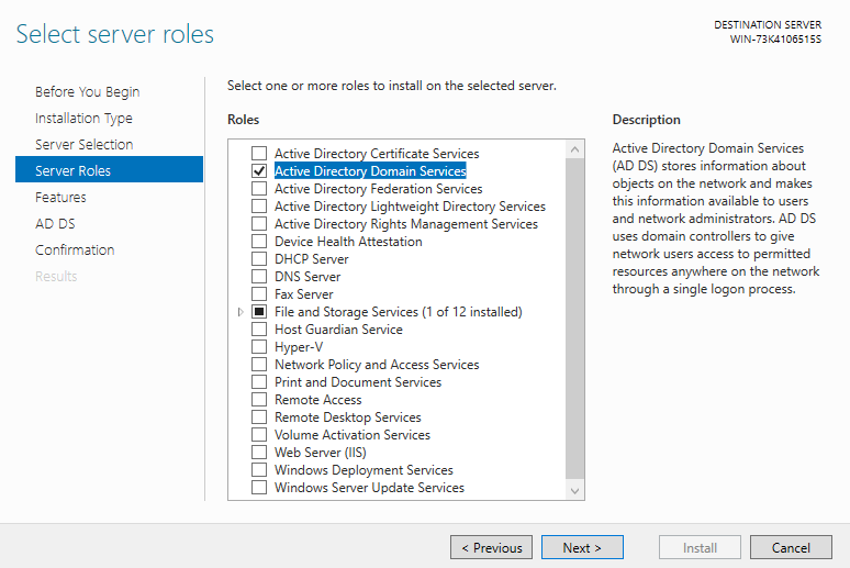 Server Manager wizard with Active Directory Domain Services selected as a server role