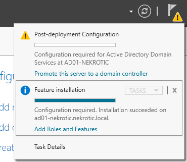 Server Manager prompt to promote the server to a domain controller